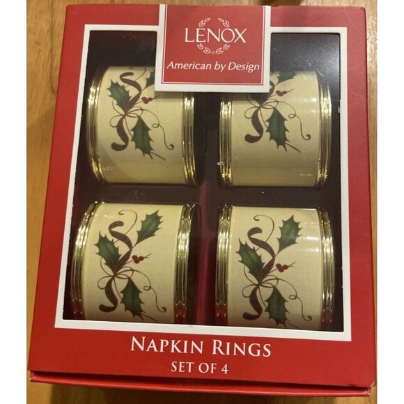 Lenox Nouveau Christmas Holiday Oval Napkin‎ Rings Ribbon Holly Berry Set of 4 - Picture 1 of 1
